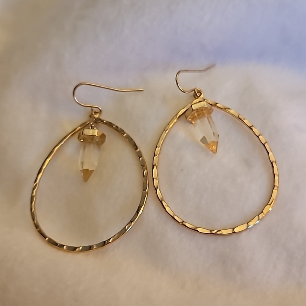 Vintage Goldtone Teardrop Mystical Gem Dangle Hook Earrings - Picture 6 of 6